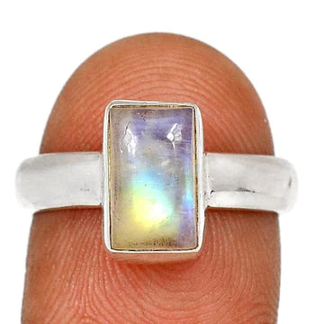 Blue Fire Moonstone Ring with a Rectangular multi-colored centerpiece