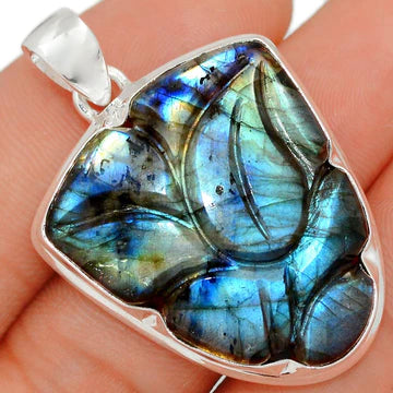 Labradorite Pendant Carved with Leaf