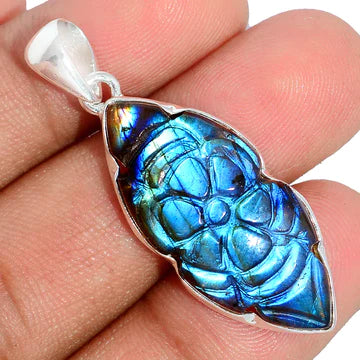 Labradorite Pendant Carved with Flower