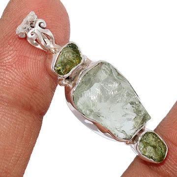 Pendant with Rough Green Amethyst in the center and green Moldavite pieces