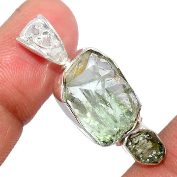 Fancy Green Amethyst Pendant with Brownish Grey Moldavite piece