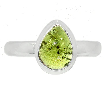 Moldavite Ring in Teardrop - yellowish green stone