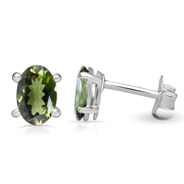 Oval Earring Stud with Green Moldavite Stones